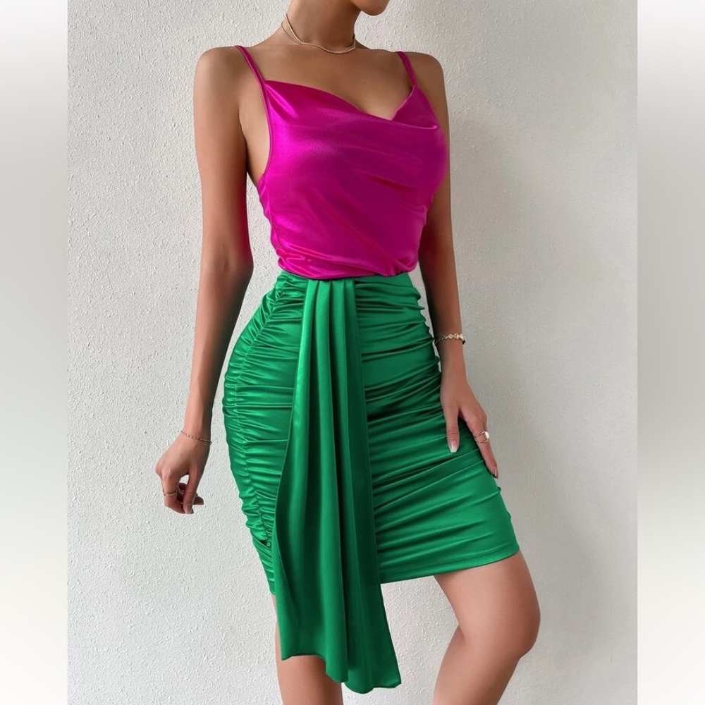 Two Tone Draped Ruched Side Satin Cami Dress